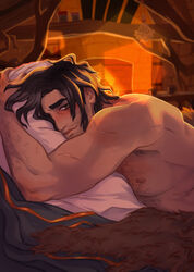  1boy armpit_hair bara bed biceps black_hair blush body_hair chest_hair facial_hair fireplace hairy_armpits hairy_arms hairy_chest holding_pillow human human_only looking_at_viewer lying lying_on_bed male male_focus male_only mature mature_male muriel_(the_arcana) muscle muscles muscular muscular_male nipples nude nude_male on_bed pillow pillow_grab scar scar_on_arm scar_on_shoulder scars_all_over sheets shirtless solo solo_focus solo_male the_arcana thick_eyebrows topless 