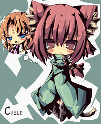  2girls :&lt; :d altena_(noir) animal_ear_fluff animal_ears blue_eyes blush brown_eyes brown_hair cat_ears cat_tail character_name chibi chloe_(noir) cloak commentary_request dangomushi full_body green_background green_cloak half-closed_eyes long_hair looking_at_viewer multiple_girls noir_(anime) open_mouth parted_bangs purple_hair short_hair short_hair_with_long_locks smile star-shaped_pupils star_(symbol) symbol-shaped_pupils tail thought_bubble two-tone_background typo white_background 