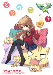  aisaka_taiga bird black_thighhighs blazer bowl brown_eyes brown_hair chopsticks commentary_request feet feline female flag food food_on_face inko jacket long_hair no_shoes oohashi_high_school_uniform palmtop_tiger parrot paw_print pillow rice rice_bowl saliva school_uniform sitting skirt stuffed_animal stuffed_tiger stuffed_toy takamura_masaya thighhighs tiger toradora! zettai_ryouiki 