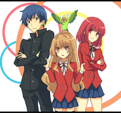  1boy 2girls aisaka_taiga bird blonde_hair blue_hair buttons commentary_request crossed_arms gakuran inko kafka_(artist) kushieda_minori long_hair long_sleeves looking_at_viewer miniskirt multiple_girls oohashi_high_school_uniform pants parrot photoshop_(medium) red_eyes red_hair school_uniform short_hair simple_background skirt standing takasu_ryuuji thighhighs toradora! very_long_hair white_background 