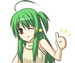  ahoge bad_id bad_pixiv_id female green_hair inukami! long_hair one_eye_closed red_eyes s-no solo thumbs_up tongue youko_(inukami) 