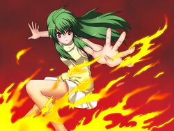  ahoge commentary_request female fire green_hair inukami! long_hair photoshop_(medium) red_eyes s-no skirt solo youko_(inukami) 