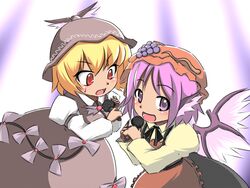  2girls :d aki_minoriko aki_minoriko_(cosplay) akthree0 animal_ears blonde_hair bow commentary_request cosplay costume_switch dress food fruit grapes hat microphone multiple_girls music mystia_lorelei mystia_lorelei_(cosplay) open_mouth purple_eyes purple_hair red_eyes short_hair singing smile touhou wings 