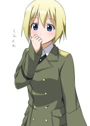  blonde_hair blue_eyes blush erica_hartmann female military military_uniform short_hair smelling smelling_clothes solo strike_witches uniform world_witches_series youkan 