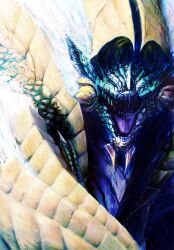  blue_eyes commentary_request fangs highres horns kandazin1117 mane monster monster_hunter_(series) monster_hunter_portable_3rd no_humans open_mouth photoshop_(medium) white_hair zinogre 