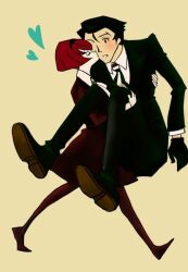  1boy android black_hair carry carrying female formal gloves hairband heart kissing necktie princess_carry r_dorothy_wayneright red_hair roger_smith suit the_big_o 