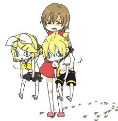  &lt;o&gt;_&lt;o&gt; 1boy 2girls :&lt; :3 ^^^ angry artist_request bare_legs barefoot black_sailor_collar black_shorts blonde_hair bow brown_eyes brown_hair clenched_teeth clothes_lift dirty dirty_feet footprints hair_ornament hairbow hairclip headphones kagamine_len kagamine_rin looking_at_another meiko_(vocaloid) multiple_girls navel neckerchief necktie picking_up ponytail red_footwear sailor_collar shaded_face short_hair short_sleeves shorts simple_background skirt skirt_lift slippers slit_pupils standing teeth vocaloid white_background white_bow yellow_neckerchief yellow_necktie 