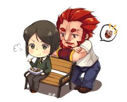  2boys beard black_hair bob_cut chibi commentary_request denim eating eyebrows facial_hair fate/zero fate_(series) green_eyes himaya iskandar_(fate) jeans male_focus multiple_boys pants photoshop_(medium) red_hair shirt t-shirt vambraces waver_velvet white_background 