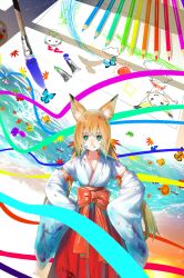  animal_ears art_brush bad_id bad_pixiv_id blonde_hair colored_pencil detached_sleeves drawing eraser facepaint female fox_ears green_eyes hands_on_own_hips hullabaloo japanese_clothes leaf maple_leaf original paint paint_tube paintbrush pencil solo twintails 