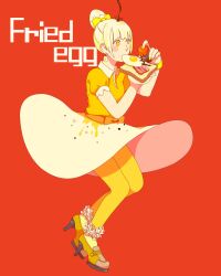  bacon bad_id bad_pixiv_id blonde_hair blouse blush bow bracelet bread bread_slice earrings egg egg_(food) egg_earrings english_text female food food-themed_clothes fried_egg fried_egg_on_toast frilled_legwear full_body hair_bun hairbow high_heels highres jewelry nail_polish original pantyhose pepper_(spice) personification red_background shioka shirt shoes simple_background single_hair_bun skirt socks solo soy_sauce soy_sauce_bottle toast yellow_eyes yellow_legwear 