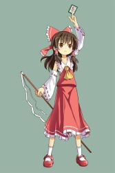  bow brown_eyes brown_hair card detached_sleeves female gohei hair_tubes hairbow hakurei_reimu long_hair magic:_the_gathering photoshop_(medium) red_bow sidelocks simple_background sixten socks solo touhou yin_yang 