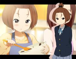  2girls apron bowl brown_eyes brown_hair chocolate chocolate_making commentary_request extra forehead high_ponytail k-on! kakiuchi_itsuki koiso_tsukasa mixing mixing_bowl multiple_girls sakuragaoka_high_school_uniform school_uniform short_hair spatula topknot yada_masumi 