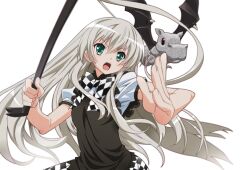  ahoge checkered commentary_request creature crowbar female foreshortening green_eyes grey_hair haiyore!_nyaruko-san holding holding_crowbar huge_ahoge long_hair nyarlathotep_(nyaruko-san) nyoro_(nyoronyoro000) photoshop_(medium) shantak_(nyaruko-san) 