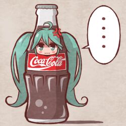  ... anger_vein bottle chibi coca-cola cola_miku commentary_request cosplay female green_eyes green_hair hatsune_miku in_bottle in_container long_hair pout sasaki_sakichi soda_bottle solo twintails very_long_hair vocaloid 