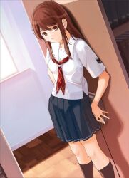  brown_eyes brown_hair dutch_angle female hoshino_yuumi kibina_high_school_uniform kimi_kiss long_hair official_art photoshop_(medium) school_uniform sidelocks skirt solo takayama_kisai 