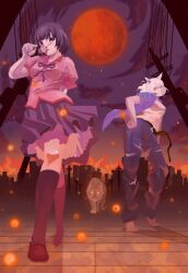  2girls animal_ears barefoot belt black_hanekawa black_socks cat_ears commentary_request dual_persona full_moon glasses hand_on_own_hip hanekawa_tsubasa kako_(monogatari) monogatari_(series) moon multiple_girls naoetsu_high_school_uniform nekomonogatari nisemonogatari orange_cassis photoshop_(medium) pleated_skirt purple_eyes purple_hair red_moon school_uniform short_hair skirt socks tiger torn_clothes white_hair 