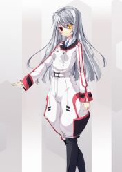  belt belt_buckle blue_necktie boots buckle commentary_request ebicha female grey_hair heterochromia infinite_stratos jodhpurs laura_bodewig necktie no_eyepatch pants pants_tucked_in red_eyes solo standing uniform yellow_eyes 