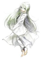  1boy arnoul bad_id bad_pixiv_id barefoot enkidu_(fate) fate/strange_fake fate_(series) full_body green_eyes green_hair light_green_hair long_hair male_focus otoko_no_ko robe simple_background solo white_background white_theme wide_sleeves 