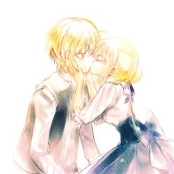  1boy ahoge arnoul artoria_pendragon_(fate) bad_id bad_pixiv_id blonde_hair bow closed_eyes dress fate/stay_night fate_(series) female gilgamesh_(fate) hair_bun hair_ribbon kissing photoshop_(medium) red_eyes ribbon saber_(fate) single_hair_bun straight 