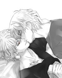  2boys arnoul arthur_pendragon_(fate) bad_id bad_pixiv_id fate/prototype fate/stay_night fate_(series) gilgamesh_(fate) green_eyes greyscale imminent_kiss kissing male_focus monochrome multiple_boys photoshop_(medium) red_eyes spot_color white_background yaoi 