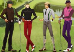  4boys alteir antonio_lopez argyle_clothes argyle_legwear bag barnaby_brooks_jr. blonde_hair bowler_hat brown_eyes brown_hair cabbie_hat caddy commentary_request dark-skinned_male dark_skin field glasses gloves golf golf_club golf_course green_eyes hat kaburagi_t._kotetsu kneehighs logo multiple_boys nathan_seymour necktie photoshop_(medium) pink_eyes pink_hair short_hair single_glove socks sweater_vest tiger_&amp;_bunny vest 