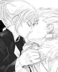  1boy arnoul artoria_pendragon_(fate) bad_id bad_pixiv_id closed_eyes earrings eyelashes fate/hollow_ataraxia fate/stay_night fate_(series) female gilgamesh_(fate) greyscale hair_bun hair_ribbon jewelry kissing monochrome photoshop_(medium) ribbon saber_alter single_hair_bun straight surprised 