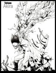  1boy akira_(manga) black_hair boots commentary_request copyright_name cyberpunk cyborg greyscale highres male_focus monochrome mutation pants science_fiction shima_tetsuo solo spiked_hair standing theironclown 