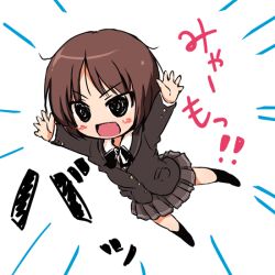  amagami black_eyes black_jacket blazer blush_stickers bob_cut brown_hair chibi commentary_request female glomp grey_skirt hug jacket jumping kibito_high_school_uniform kojima_tsuma long_sleeves messy_hair open_mouth pleated_skirt school_uniform short_hair skirt smile solid_circle_eyes solo sound_effects tachibana_miya translation_request 