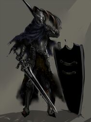  1boy armor artorias_the_abysswalker commentary_request dark_souls_(series) dark_souls_i dual_wielding full_armor gauntlets helmet holding knight male_focus oginogisaki shadow shield solo sword weapon 