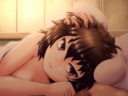  afterglow animal_ears bed bed_sheet brown_hair commentary_request female hand_on_own_head inaba_tewi indoors light_smile looking_at_viewer lying naked_sheet nude on_side pillow rabbit_ears red_eyes shirosato solo touhou upper_body 