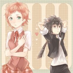  1boy animal_ears bad_id bad_pixiv_id black_hair blue_eyes blush female freckles gakuran glance heart inugami_kotarou lowres mahora_academy_middle_school_uniform mahou_sensei_negima! murakami_natsumi plaid plaid_skirt ponytail red_hair school_uniform short_hair short_sleeves skirt sleeves_rolled_up toya_(iroha2hohe) vest wolf_ears 