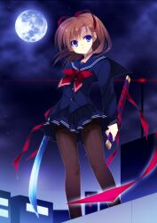  aura bad_id bad_pixiv_id black_pantyhose blue_eyes blue_moon brown_hair cityscape copyright_request female full_moon katana kobayashi_chisato miniskirt moon night night_sky pantyhose photoshop_(medium) ribbon school_uniform serafuku skirt sky solo sword thighband_pantyhose weapon 