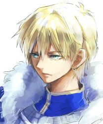  1boy armor arnoul arthur_pendragon_(fate) bad_id bad_pixiv_id blonde_hair fate/prototype fate_(series) fur_trim green_eyes male_focus photoshop_(medium) portrait solo 