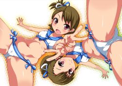  2girls bikini blush brown_hair foreshortening from_below futami_ami futami_mami idolmaster idolmaster_(classic) imazon looking_at_viewer multiple_girls navel open_mouth photoshop_(medium) pink_eyes sailor_bikini sailor_collar sailor_swimsuit_(idolmaster) shiny_skin short_hair siblings side-tie_bikini_bottom side_ponytail sisters smile spread_legs swimsuit twins v 