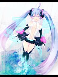  ahoge bad_id bad_pixiv_id bare_shoulders binary blue_eyes blue_hair bridal_gauntlets center_opening female hatsune_miku hatsune_miku_(append) hexagon highres hologram holographic_interface holographic_monitor holographic_touchscreen ku_m letterboxed long_hair navel necktie solo thighhighs twintails very_long_hair vocaloid vocaloid_append 