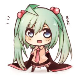  :d aqua_hair bare_shoulders blue_eyes chibi commentary_request detached_sleeves female hair_bobbles hair_ornament hatsune_miku long_hair lowres necktie oerba_yun_fang open_mouth petite_miku skirt smile solo standing tosura-ayato twintails vocaloid 