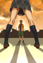  1boy cloud commentary_request female from_behind head_out_of_frame kneehighs kneepits miniskirt original pleated_skirt sakamoto_kengo shoes skirt sky socks standing sunset 