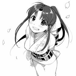  bad_id bad_pixiv_id bow female greyscale grin hair_ribbon hairbow japanese_clothes kamiya_kaoru kimono long_hair looking_at_viewer monochrome petals ponytail ribbon rurouni_kenshin smile solo teeth yumi_(konbutamago) 