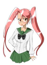  brown_eyes glasses highschool_of_the_dead pink_hair school_uniform schoolgirl simple_background takagi_saya twintails 