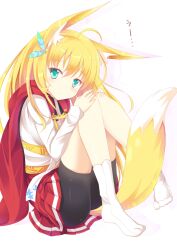  animal_ears aqua_eyes bad_id bad_pixiv_id between_legs bike_shorts blonde_hair female fetal_position fox_ears fox_tail full_body hair_ornament highres leaf long_hair nibiiro_shizuka original pleated_skirt skirt slim_legs solo tail tail_between_legs 