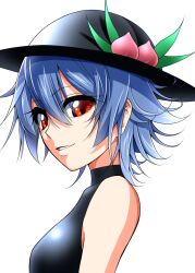  alternate_hair_length alternate_hairstyle bad_id bad_pixiv_id bare_shoulders blue_hair female hat hinanawi_tenshi looking_at_viewer mattari_yufi red_eyes short_hair simple_background sleeveless smile solo touhou upper_body white_background 