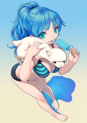  alpaca arched_back bad_id bad_pixiv_id bare_legs bare_shoulders barefoot blue_eyes blue_hair bra breasts cleavage copyright_request eating female fingernails food foreshortening from_above gradient_background grin kimura_daisuke lamb lingerie long_hair looking_at_viewer medium_breasts navel panties ponytail popsicle sheep smile solo striped_bra striped_clothes striped_panties thigh_gap toenails underwear underwear_only 