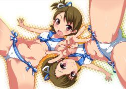  2girls bikini blush brown_hair commentary_request foreshortening from_below futami_ami futami_mami idolmaster idolmaster_(classic) imazon looking_at_viewer multiple_girls navel open_mouth photoshop_(medium) pink_eyes sailor_bikini sailor_collar sailor_swimsuit_(idolmaster) short_hair siblings side-tie_bikini_bottom side_ponytail sisters smile spread_legs swimsuit twins v 