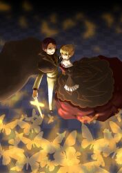  1boy beatrice_(umineko) blonde_hair blue_eyes bug butterfly cape checkered_floor choker commentary_request dress female flower glowing hair_flower hair_ornament highres kashiwa_kiseri red_hair rose shadow sword umineko_no_naku_koro_ni ushiromiya_battler weapon yellow_butterfly 