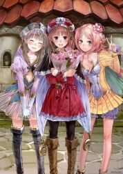  3girls :3 :d absurdres atelier_(series) atelier_meruru atelier_rorona atelier_totori bare_legs black_legwear blonde_hair bloomers blue_eyes boots bouquet breasts brown_hair cleavage closed_eyes coat flower gloves hair_ornament half_updo hat highres hugging_object kishida_mel knee_boots long_hair looking_at_viewer medium_breasts merurulince_rede_arls multiple_girls official_art open_mouth pantyhose rororina_fryxell skirt smile thigh_boots thighhighs tilted_headwear totooria_helmold underwear v white_gloves zettai_ryouiki 