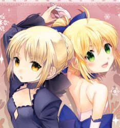  2girls arnoul artoria_pendragon_(fate) bad_id bad_pixiv_id bare_shoulders blonde_hair bow dress dual_persona elbow_gloves fate/stay_night fate/unlimited_codes fate_(series) gloves green_eyes hair_bun hairbow long_hair multiple_girls official_alternate_costume official_alternate_hairstyle photoshop_(medium) saber_(fate) saber_(pure_night_dress)_(fate) saber_alter single_hair_bun yellow_eyes 