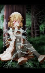  bad_id bad_pixiv_id blonde_hair blush bondage bondage bound dress drill_hair fairy_wings female hat highres letterboxed luna_child open_mouth pantyhose shoes silk solo spider_web tears torn_clothes torn_pantyhose torn_wings touhou tree tsukishiro_saika wings 