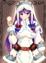  alternate_costume belt blush bow breasts capelet coat commentary_request cosplay female hairbow highres hood lagombi_(armor) large_breasts long_hair magic monster_hunter_(series) monster_hunter_portable_3rd patchouli_knowledge purple_eyes purple_hair sidelocks simple_background solo stiel touhou upper_body very_long_hair winter_clothes 