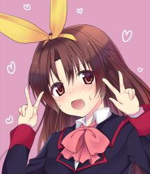  1boy bad_id bad_pixiv_id bow brown_eyes brown_hair crossdressing double_v hair_ribbon little_busters! little_busters!_school_uniform long_hair lowres male_focus masayu naoe_riki otoko_no_ko pink_bow ribbon school_uniform solo v 