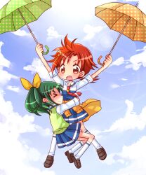  &gt;_&lt; 2girls arms_up bad_id bad_pixiv_id closed_eyes clothes_around_waist cloud commentary_request day green_hair green_sweater_vest green_umbrella hino_akane_(smile_precure!) hiyopuko hug kneehighs loafers midorikawa_nao multiple_girls nanairogaoka_middle_school_uniform necktie no_nose orange_umbrella precure red_eyes red_hair school_uniform shirt shirt_around_waist shoes short_hair sky sleeves_rolled_up smile_precure socks sweater_vest umbrella umbrella_riding 